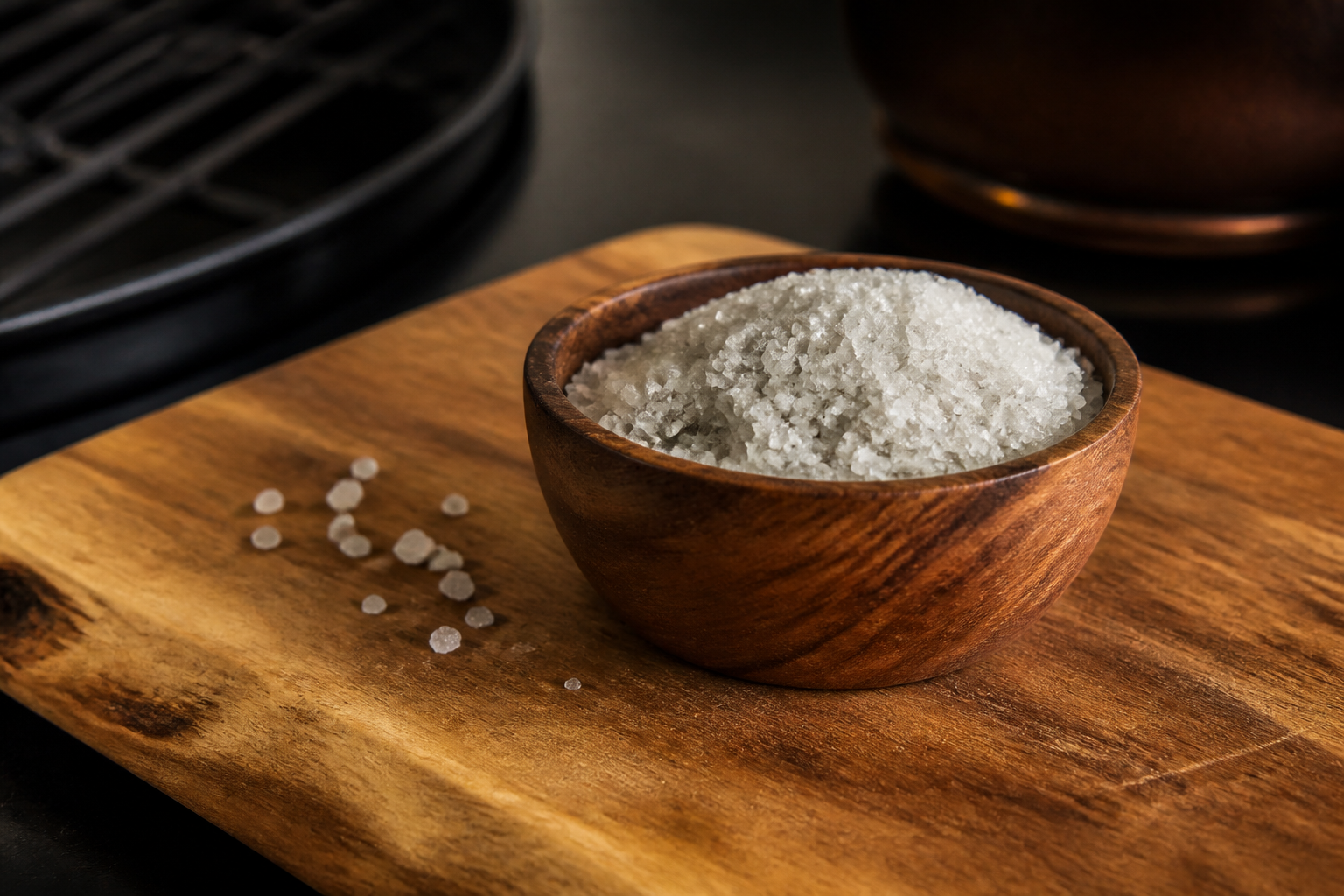 Celtic sea salt in a wooden bowl on a butcher block
